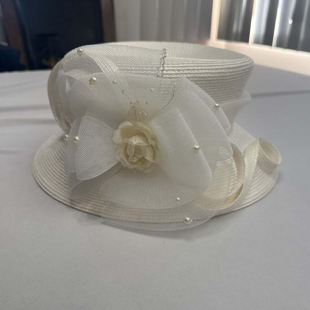 White Elegant Church Dress Hat with Mesh Bow Rose and Faux Pearls
